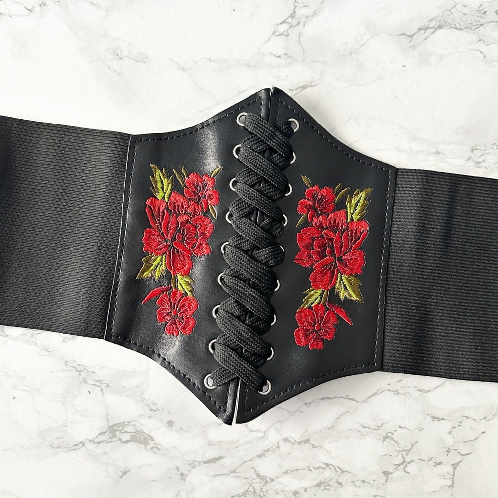 Corset Style Rose Embroidered Black Faux Leather Wide Waist Belt Lace Up Front - Picture 7 of 10